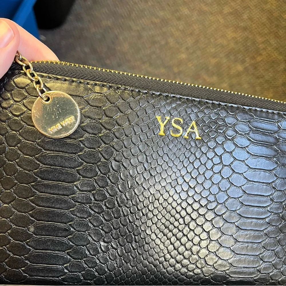 Nine West Black Snakeskin Faux Leather Bracelet Zip Wristlet with YSA Monogram